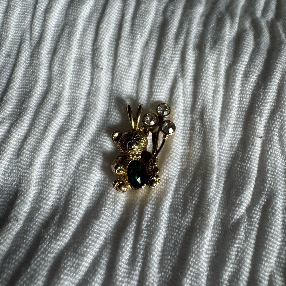 Vintage Avon Teddy Bear Necklace - Brass Charm Rhinestones Emerald May Birthday